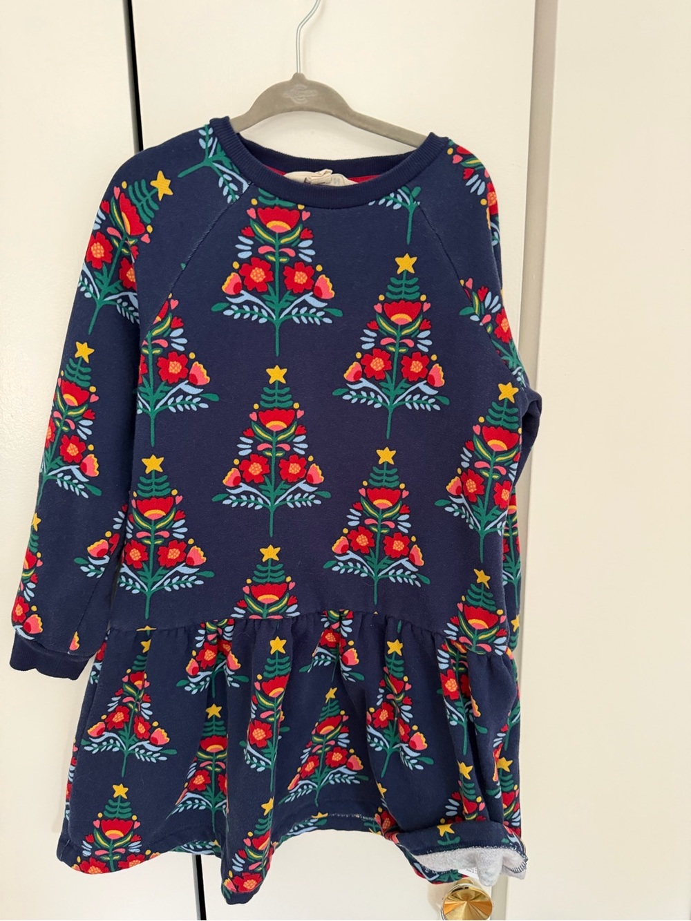 Boden Navy Dress with Red & Green Tree Floral Print